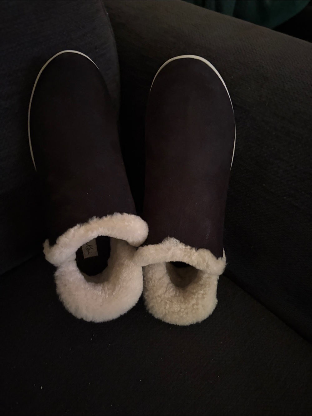 OluKai Black Slip-On Shearling-Lined Slippers